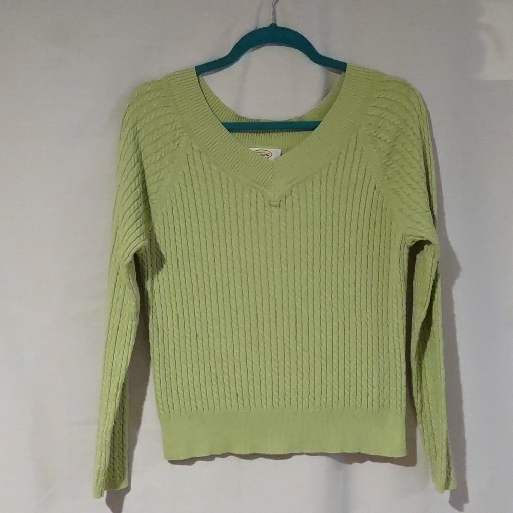 TALBOTS Light Lime Green V-Neck Cable Knit Sweater Petite Size